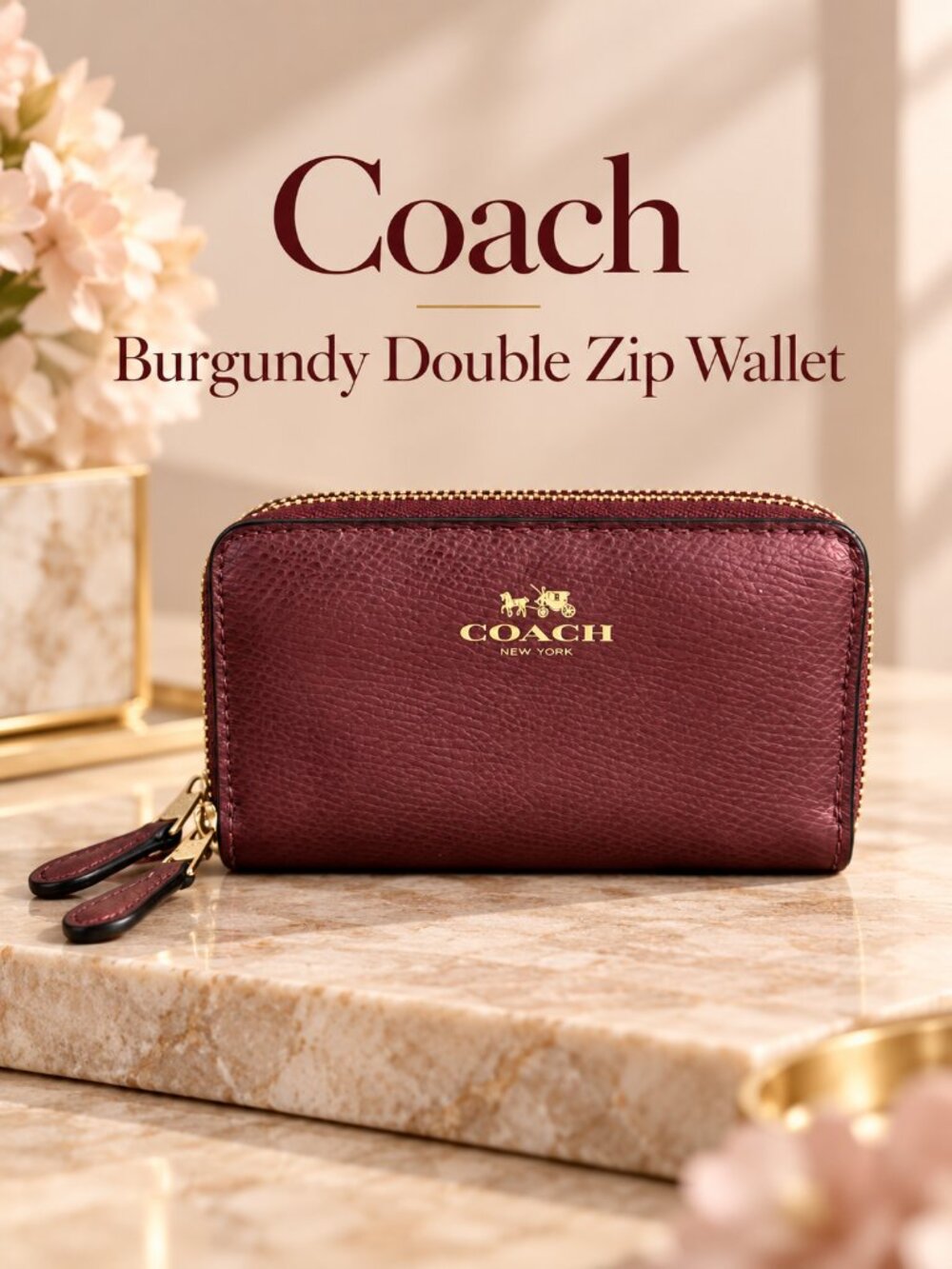 Coach Burgundy Leather Double Zip Accordion Wallet